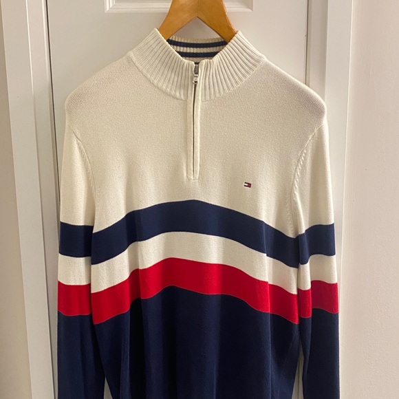 Tommy Hilfiger Men's Long Sleeve Cotton Quarter Zip Pullover Sweater, Navy, Red - Picture 1 of 5